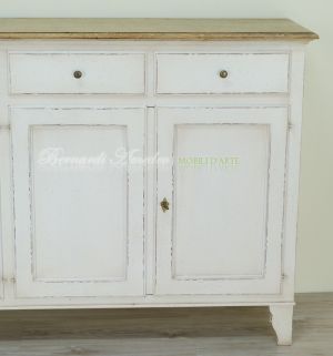 Kitchen or living room cupboard in solid wood with very antique white finish and solid oak top